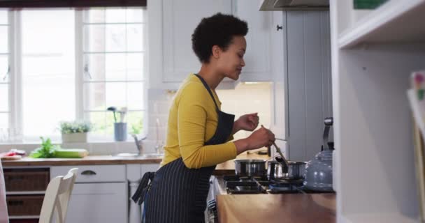 Μικτή Φυλετική Γυναίκα Ετοιμάζει Φαγητό Στην Κουζίνα Αυτο Απομόνωση Ποιότητα — Αρχείο Βίντεο