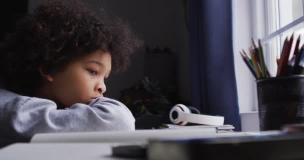 Mixed Race Girl Sitting Desk Looking Window Self Isolation Quality — Stock Video