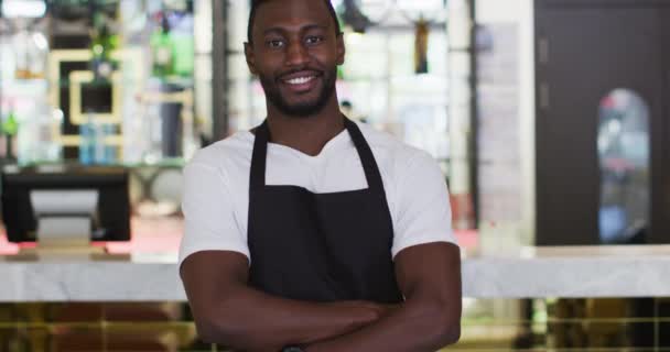 Porträtt av afrikansk amerikansk barista ler mot kameran bär förkläde på kafé — Stockvideo