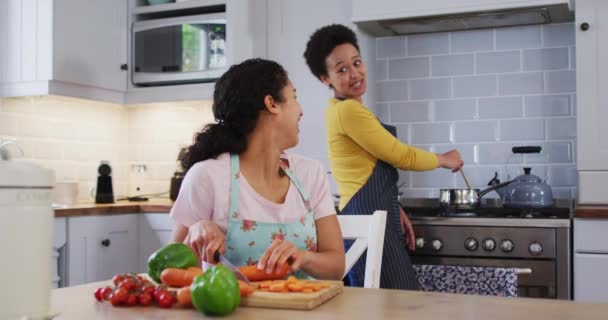 キッチンで食べ物を準備する混合レズビアンカップルと娘 野菜を切る 家庭での自己分離の質家族の時間コロナウイルスCovid 19パンデミックの間 — ストック動画