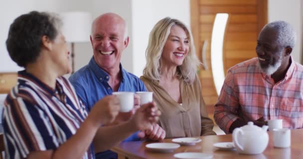 テーブルでお茶を飲みながら家に座っている2人の多様なシニアカップル 高齢者の退職生活の友人たちが — ストック動画