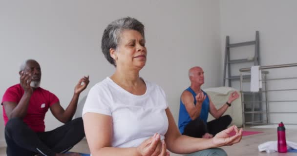 瞑想クラスに参加する高齢者の多様なグループ 老人ホームでの健康フィットネス — ストック動画