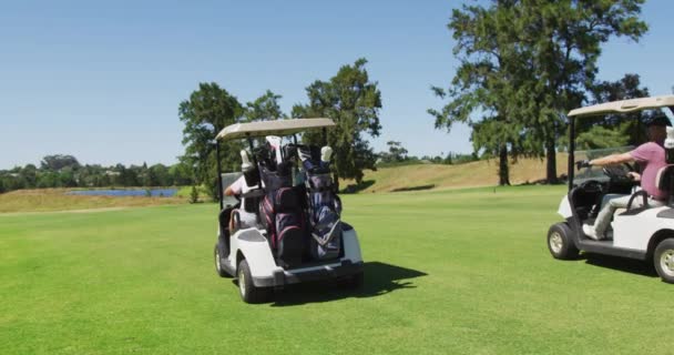 Personnes Âgées Conduisant Une Voiturette Golf Avec Des Clubs Sur — Video