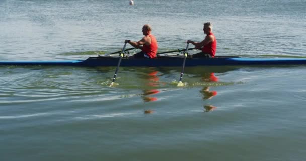 Dos Hombres Mayores Caucásicos Remando Bote Río Deporte Retiro Ocio — Vídeos de Stock