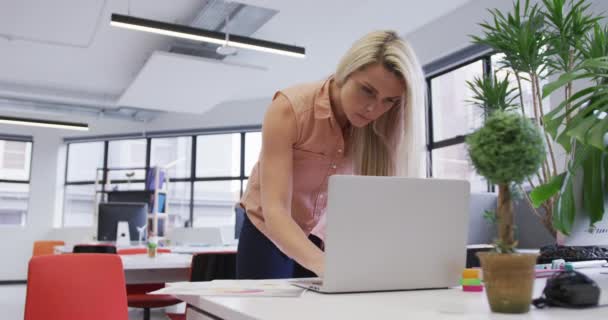 Kaukaska bizneswoman korzystająca z laptopa przeglądająca dokumenty w nowoczesnym biurze — Wideo stockowe