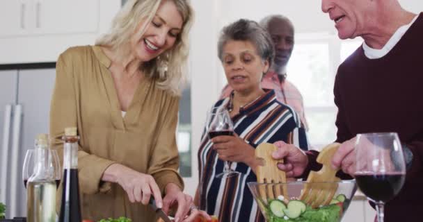 Coppie Più Anziane Diverse Che Preparano Insalata Vegetale Una Cucina — Video Stock