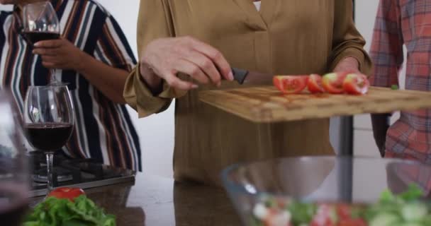 Diversas Parejas Mayores Preparando Ensalada Verduras Una Cocina Bienestar Aptitud — Vídeo de stock