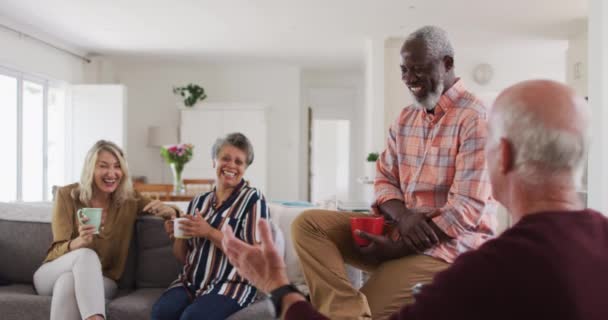 Zwei Unterschiedliche Seniorenpaare Die Hause Auf Einer Couch Sitzen Und — Stockvideo