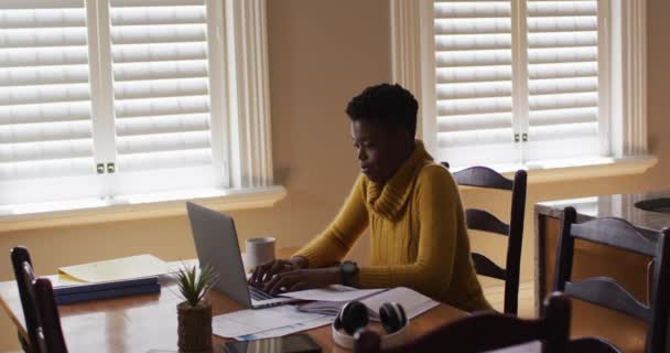 아프리카계 미국인 여성, 집에서 일하는 동안 노트북을 사용하고 서류를 읽는다 — 비디오