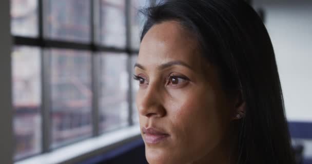 Retrato Close Mulher Negócios Raça Mista Olhando Para Câmera Sorrindo — Vídeo de Stock