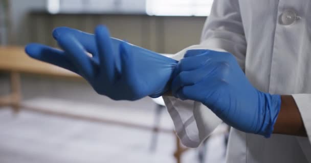 Mixed Race Female Doctor Putting Her Protective Gloves Medical Professional — Stock Video