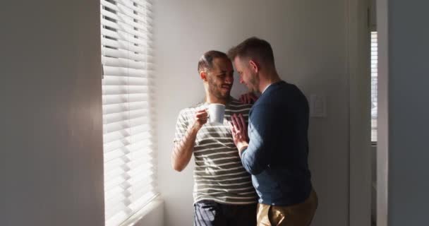 Multi ethnique gay mâle couple embrasser et boire du café — Video