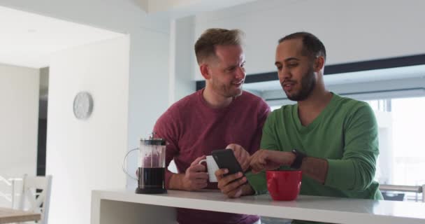 Πολλαπλών εθνοτικών ομοφυλόφιλων αρσενικό ζευγάρι στην κουζίνα μιλάμε ένα χρησιμοποιώντας smartphone — Αρχείο Βίντεο