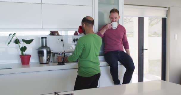 คู่รักเกย์หลายเชื้อชาติ ดื่มกาแฟในครัว — วีดีโอสต็อก