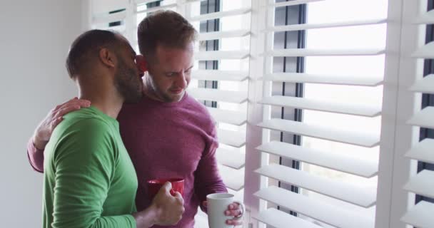 Πολυεθνικό γκέι ζευγάρι που πίνει καφέ και μιλάει — Αρχείο Βίντεο