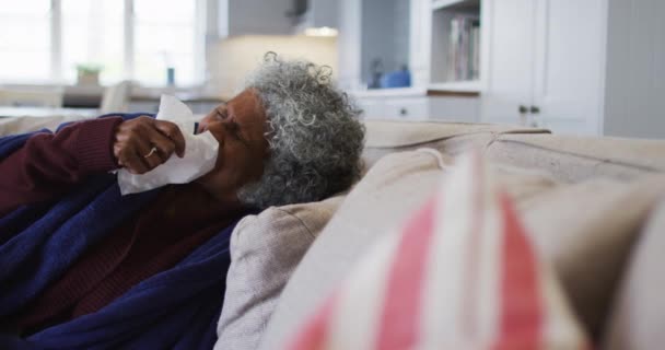 Άρρωστη τελειόφοιτη Αφροαμερικανή, καλυμμένη με πέπλο φταρνίσματος, ξαπλωμένη στον καναπέ στο σπίτι. — Αρχείο Βίντεο