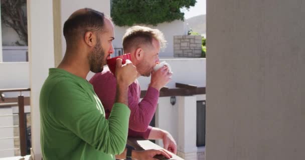 Πολυεθνικό ομοφυλόφιλο ζευγάρι που πίνει καφέ στο μπαλκόνι στον ήλιο — Αρχείο Βίντεο