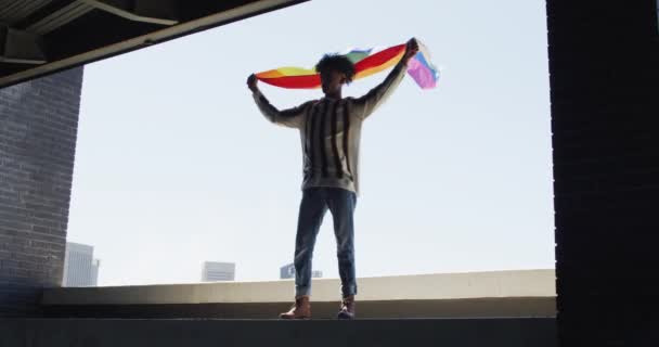 Afrikansk amerikansk man håller lbgt flagga när han står nära fönstret — Stockvideo