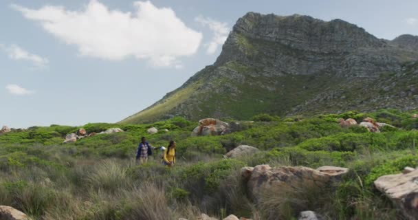 Африканська американська пара з сумками, які ходять по горах. — стокове відео