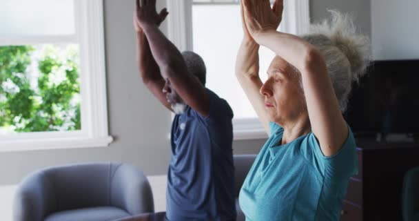 Couple senior mixte pratiquant le yoga ensemble dans le salon à la maison — Video