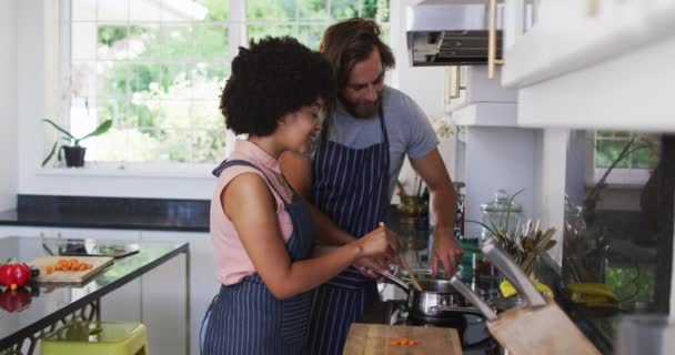 Smíšené rasy pár nosí zástěry vaření jídlo společně v kuchyni doma — Stock video