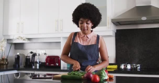 Mujer Afroamericana Cortando Verduras Cocina Casa Permaneciendo Casa Aislamiento Cuarentena — Vídeos de Stock