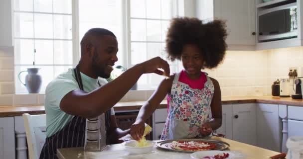 Die Afroamerikanische Tochter Und Ihr Vater Kochen Gemeinsam Der Küche — Stockvideo