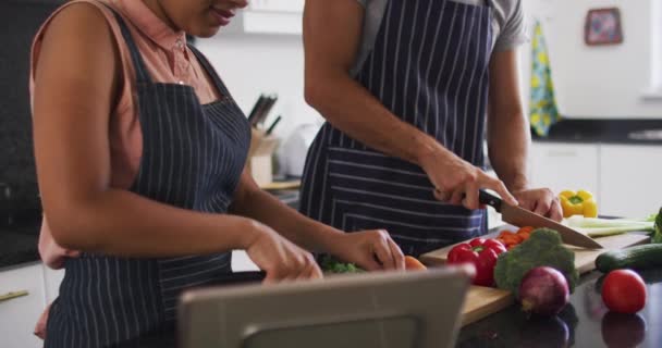 Pareja de raza mixta usando delantales picando verduras juntas en la cocina en casa — Vídeos de Stock