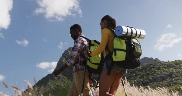 Afrykańska amerykańska para spacerująca w górach — Wideo stockowe