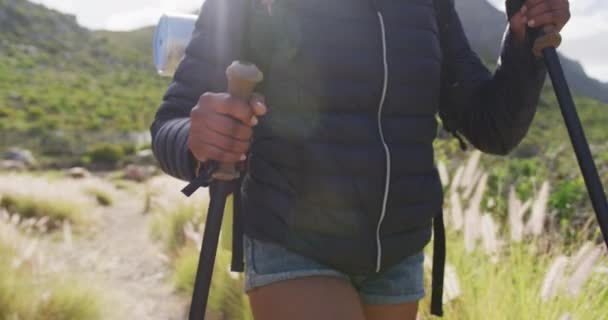 У середній частині африканської жінки, яка ходить по полюсах, ідучи горами. — стокове відео