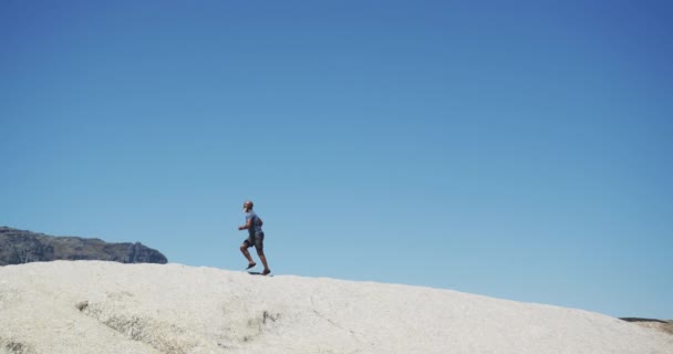 Homme Afro Américain Expérimenté Faisant Exercice Sur Des Rochers Bord — Video