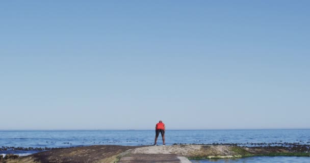 Senior Afrikaans Amerikaanse Man Die Zijn Handen Opsteekt Aan Zee — Stockvideo