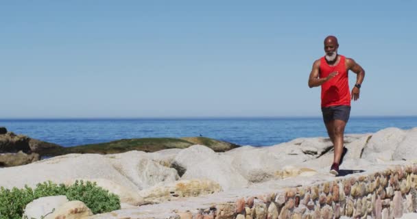 Homem Afro Americano Sênior Exercitando Correndo Sobre Rochas Junto Mar — Vídeo de Stock