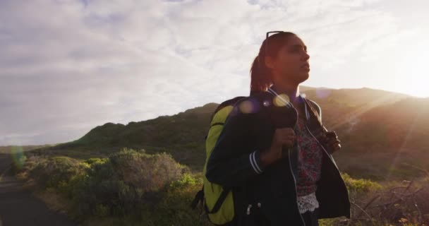 Mixed Race Woman Walking Road Hitchhiking Sunny Day Hitching Country — Stock Video