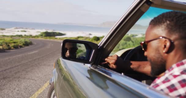 African American Man Adjusting Side Rear View Mirror While Sitting — Stock Video