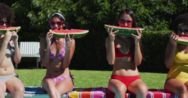 Portrait Group Diverse Girls Eating Watermelon While Sitting Pool Youth — Stock Video