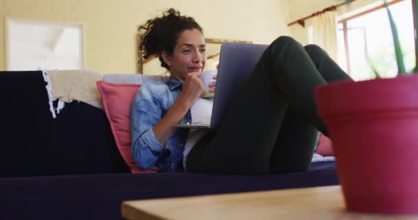 Glimlachende Blanke Vrouw Met Laptop Videogesprek Zittend Bank Thuis Thuis — Stockvideo