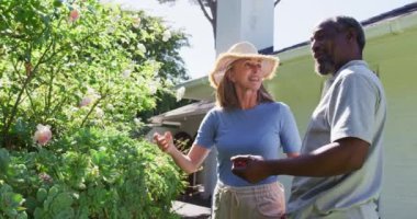 Bahçelerindeki çeşitli yaşlı çiftler bitkilere bakıyor ve güneşte konuşuyorlar. Karantina süresince evde tecrit altında kalmak.