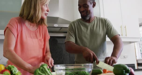 Щаслива Різноманітна Старша Пара Нарізає Овочі Кухні Розмовляє Перебування Вдома — стокове відео