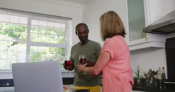 Diverse Senior Echtparen Keuken Met Laptop Het Drinken Van Wijn — Stockvideo