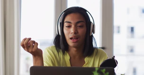 Mixed Race Gender Fluid Person Recording Podcast Using Laptop Home — Stock Video