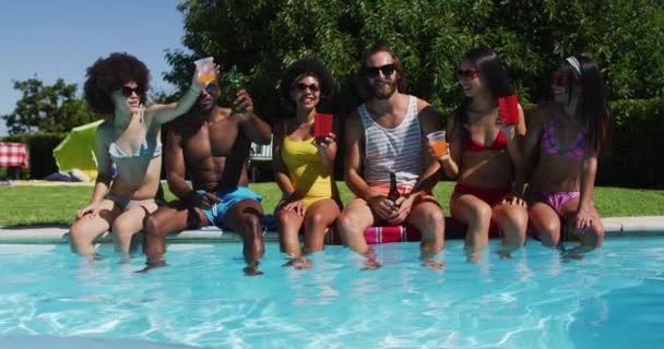 Group Diverse Friends Toasting Drinks While Sitting Pool Youth Friendship — Stock Video