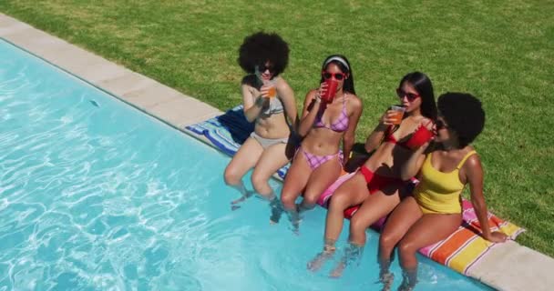 Grupo Meninas Diversas Desfrutando Suas Bebidas Enquanto Sentado Beira Piscina — Vídeo de Stock