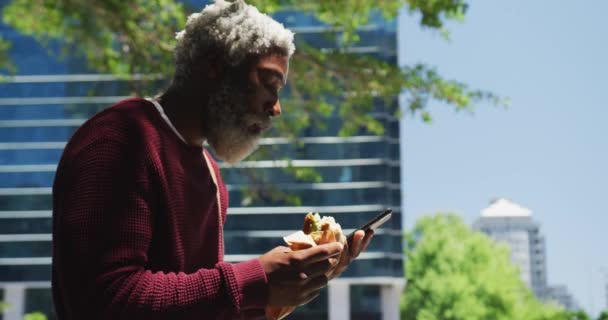 Afro Amerikaanse Senior Man Met Een Snack Smartphone Het Bedrijfspark — Stockvideo