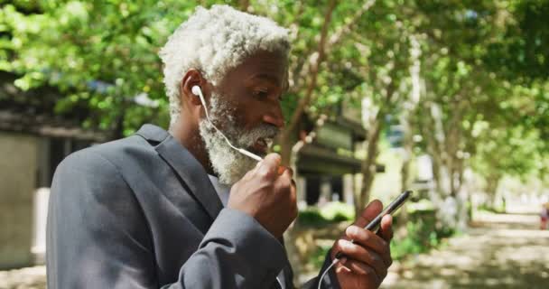 Afro Americano Sênior Falando Smartphone Parque Corporativo Estilo Vida Sênior — Vídeo de Stock