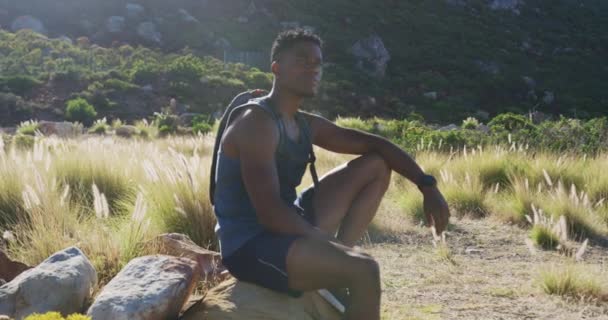 Homem Afro Americano Exercitando Livre Caminhadas Descansando Uma Rocha Campo — Vídeo de Stock