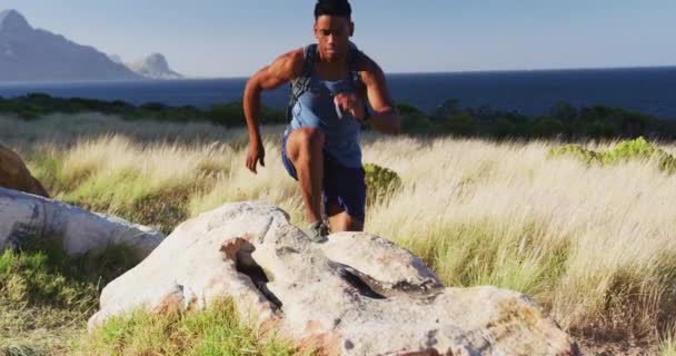 Homem Afro Americano Exercitando Livre Pulando Uma Rocha Campo Uma — Vídeo de Stock
