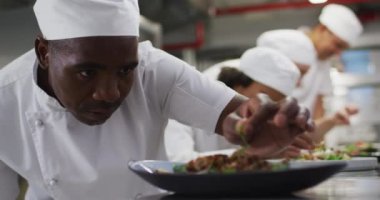 Restoranın mutfağında çeşitli aşçılar garnitür yapıyor. Yoğun bir lokanta mutfağında çalışıyorum..