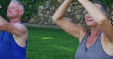 Kafkasyalı son sınıf çifti bahçede yoga yapıyor. Karantina tecrit kavramında kişisel tecrit