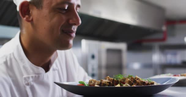 Kaukasische Mannelijke Chef Kok Garnering Schotel Glimlachen Restaurant Keuken Werken — Stockvideo